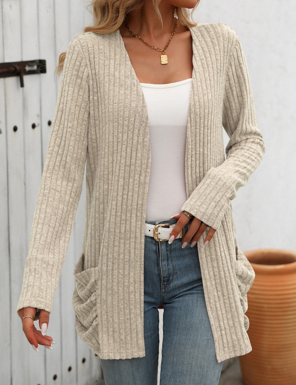 Open Front Long Sleeve Ribbed Cardigan