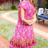 Find Romance Fuchsia Boho Floral Button V Neck Ruffle Dress