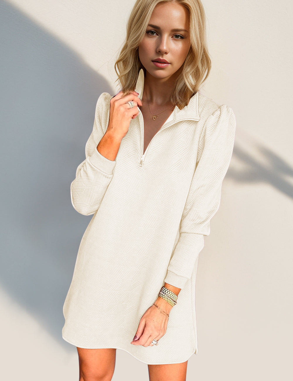 Double Take Textured Quarter Zip Long Sleeve Dress