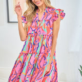 First Love Full Size Printed Ruffle Cap Sleeve Tiered Dress