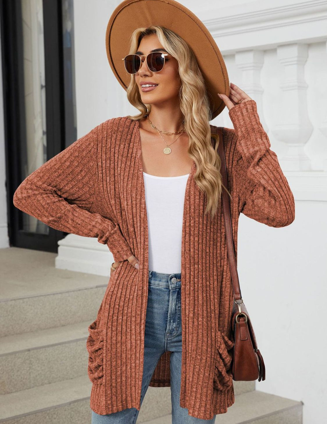 Pocketed Open Front Long Sleeve Cardigan