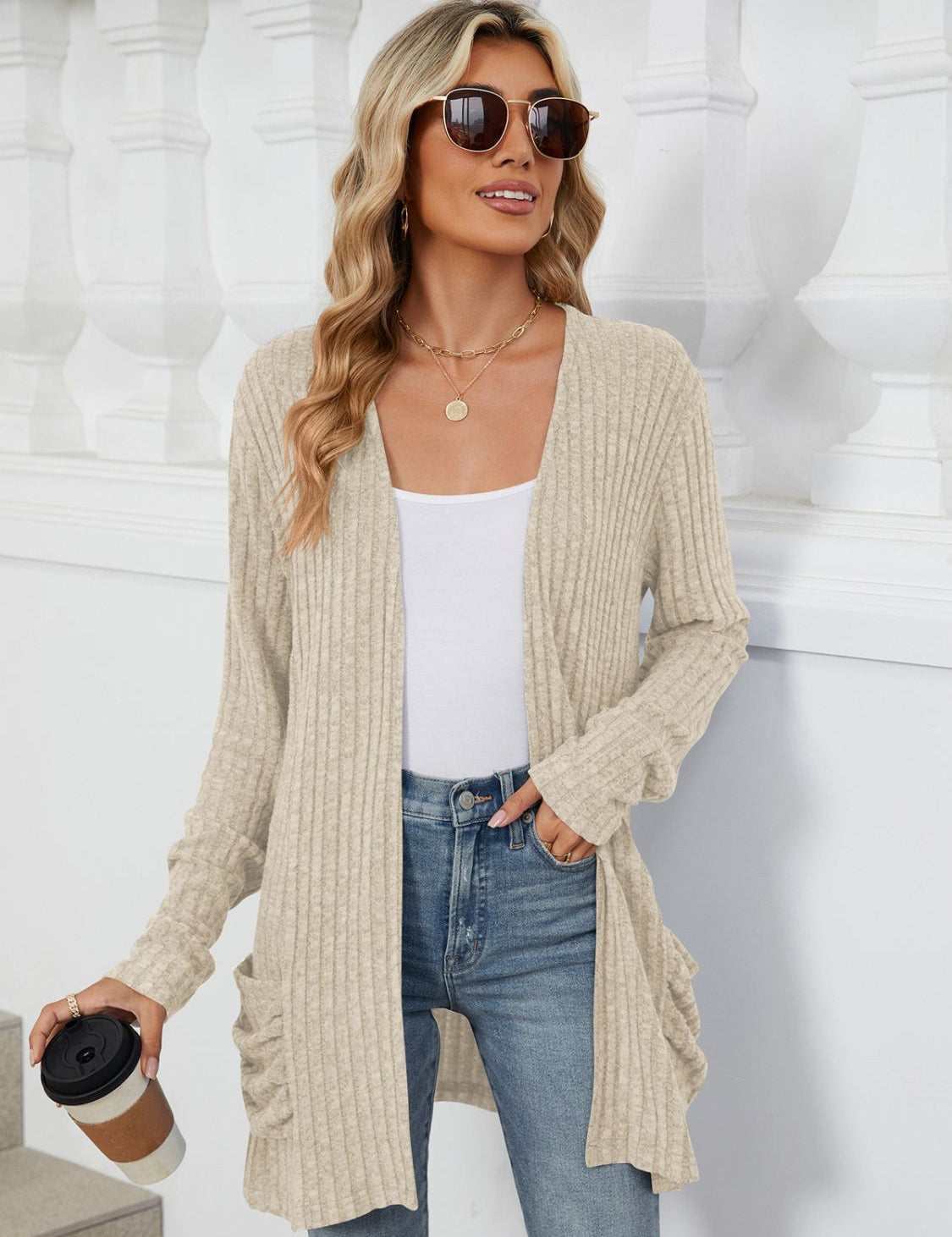 Pocketed Open Front Long Sleeve Cardigan