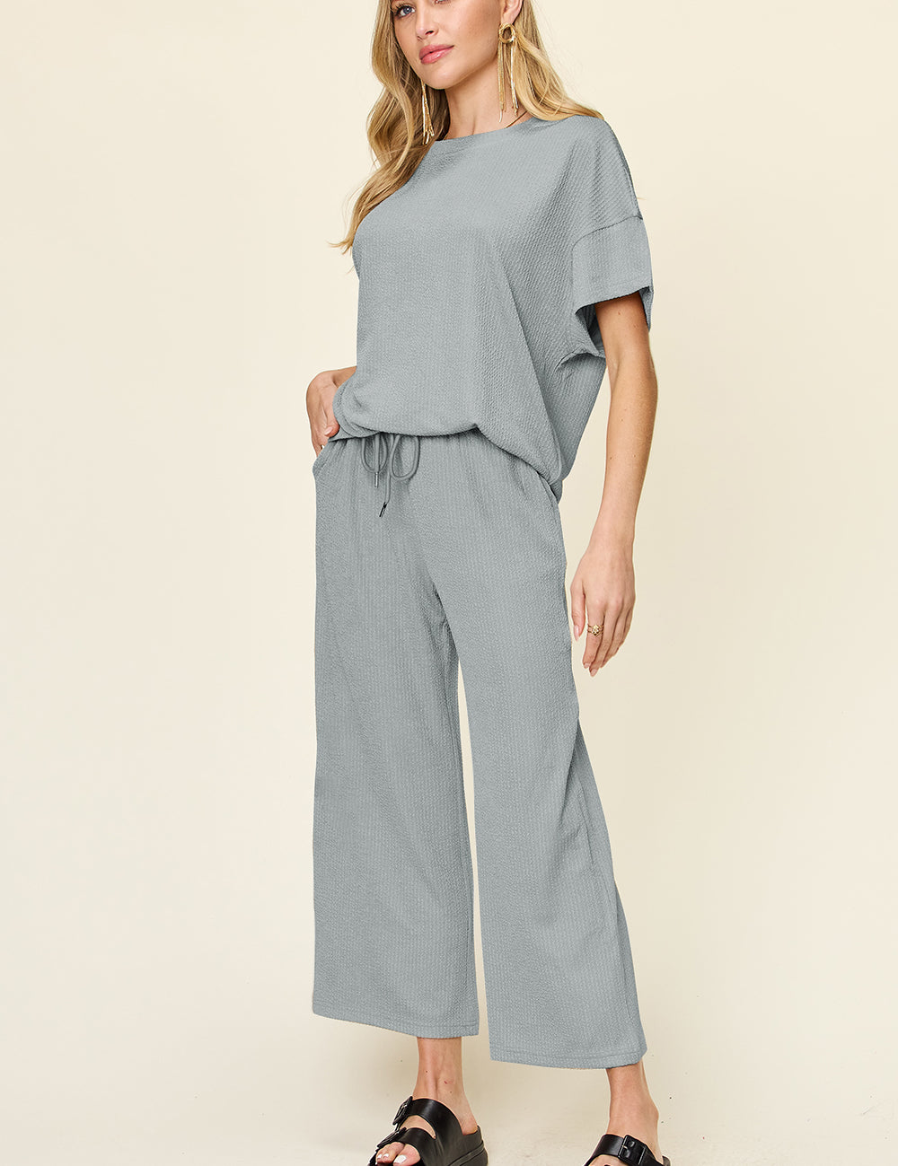 Double Take Full Size Texture Round Neck Short Sleeve T-Shirt and Wide Leg Pants