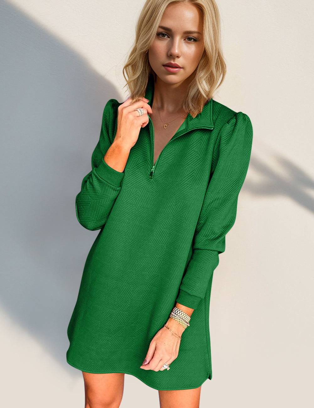 Double Take Textured Quarter Zip Long Sleeve Dress