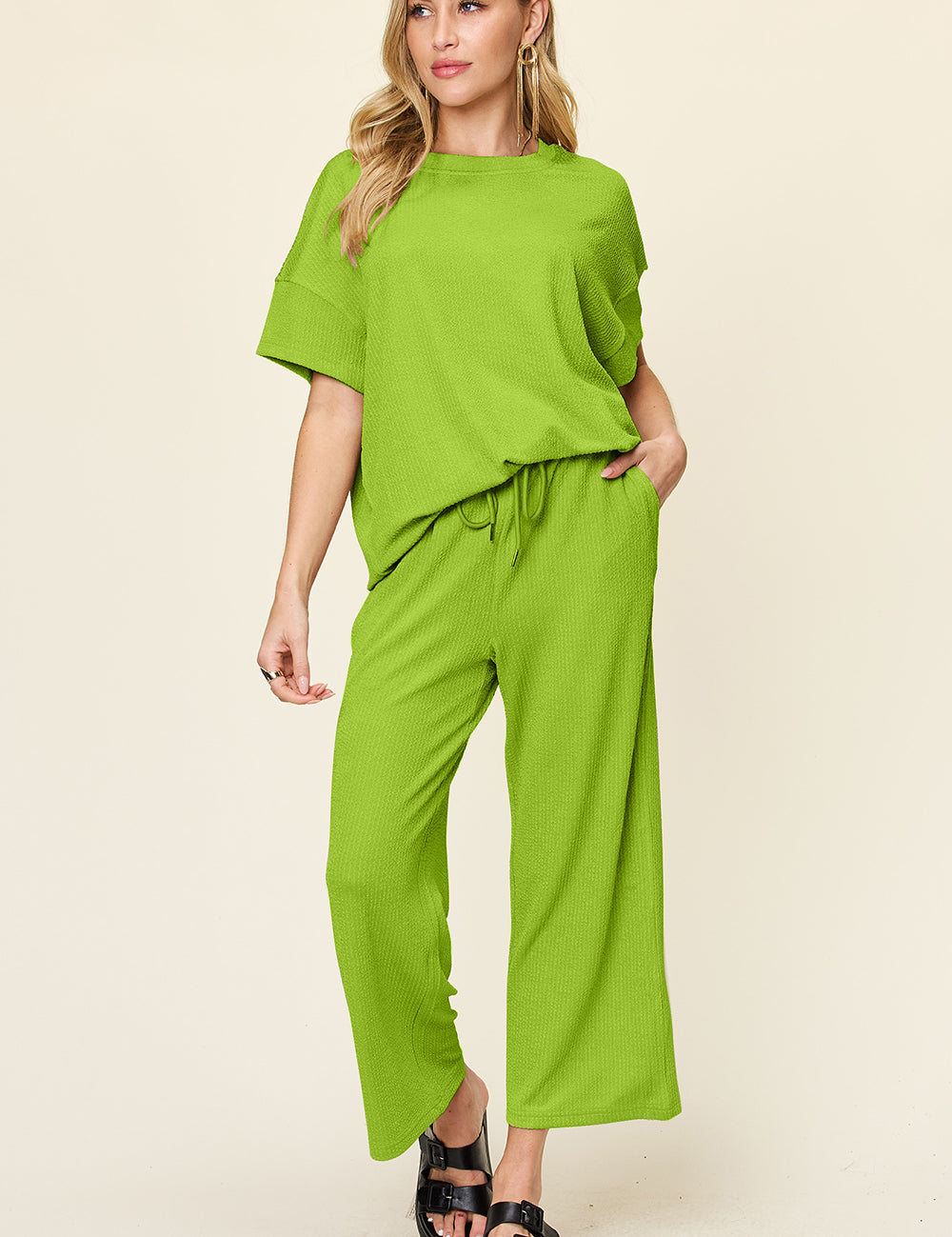 Double Take Full Size Texture Round Neck Short Sleeve T-Shirt and Wide Leg Pants