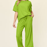 Double Take Full Size Texture Round Neck Short Sleeve T-Shirt and Wide Leg Pants