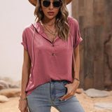 Half Button Hooded Short Sleeve Blouse