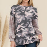 Celeste Full Size Camo Print High-Low T-Shirt with Stripe Sleeves