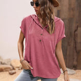 Half Button Hooded Short Sleeve Blouse