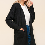 Stripe Textured Open Cardigan with Pockets in Black