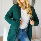 Stripe Textured Open Cardigan with Pockets in Hunter Green